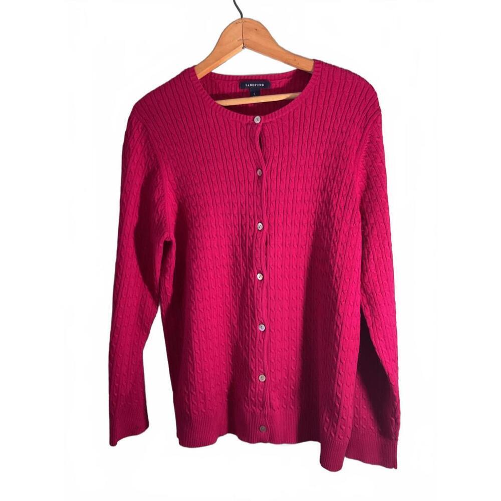 Lands' End Women's Cable Knit Cardigan Sweater - Vibrant Pink
